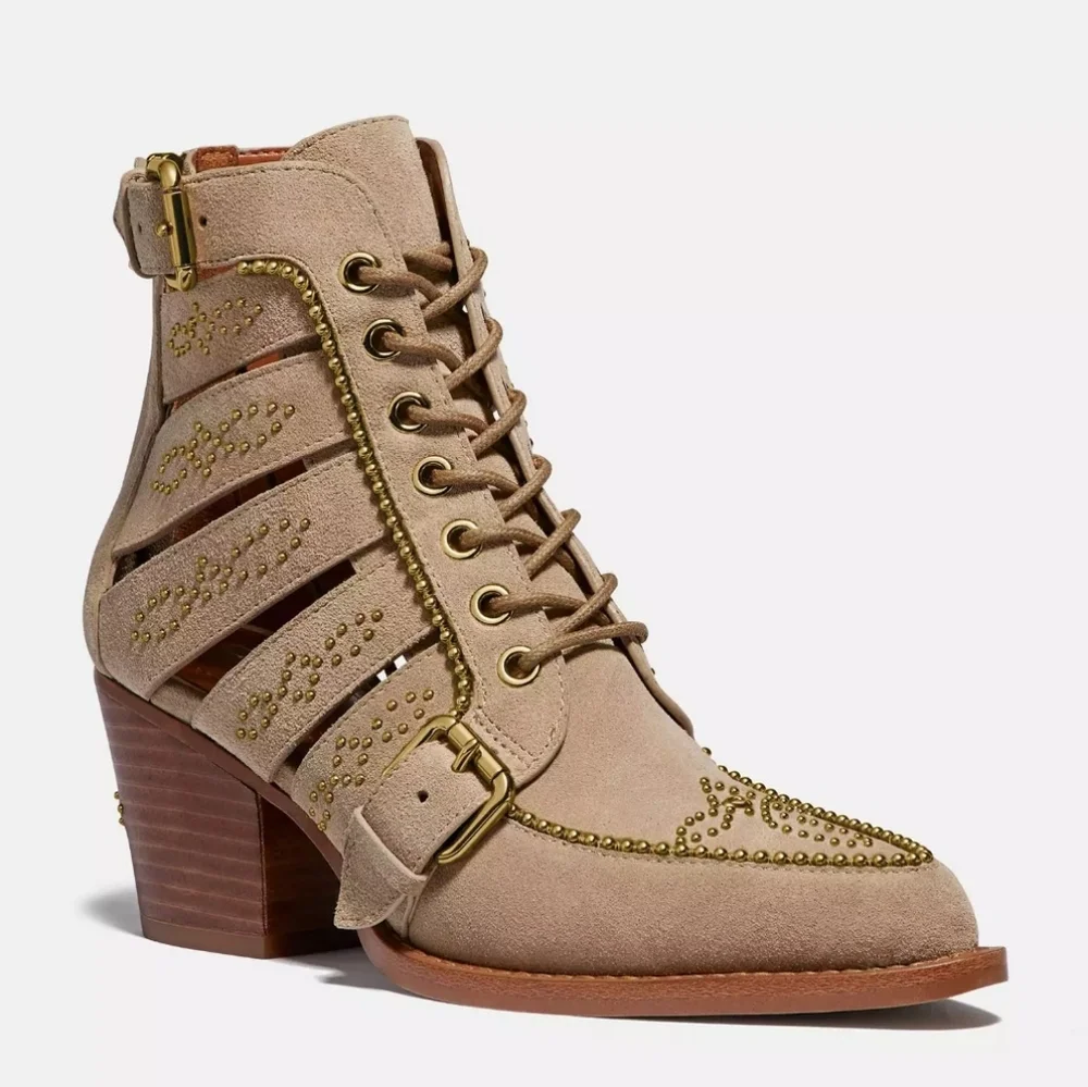 Coach Paisley Bootie Beige Suede Cutouts Studded Fleur De Lys Size 8